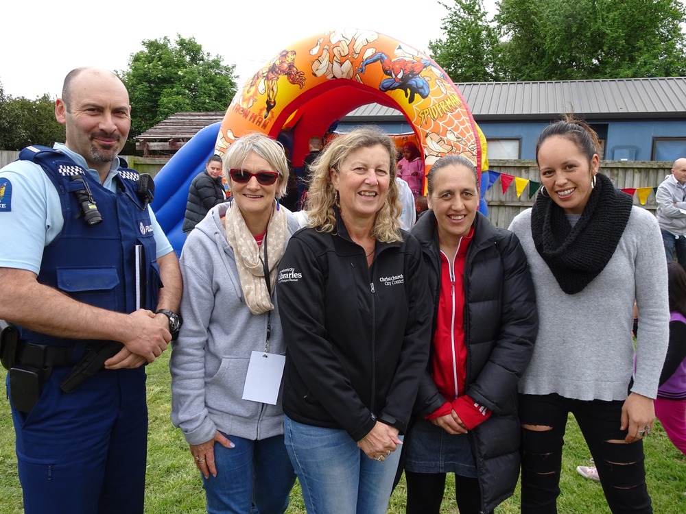 Craig McDonald (NZ Police), Anne Gibling (CMM), Lynette Griffiths (Christchurch City Libraries), Shiree Ngatuere & Jade Pitman at the Super Hero Fun Day in October.